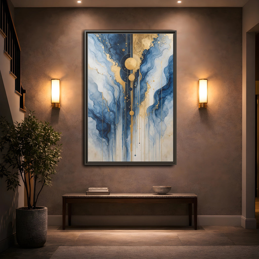 Mockup 2. Abstract Fluid Abstract Blue And Gold Abstract shown as stretched canvas wall art