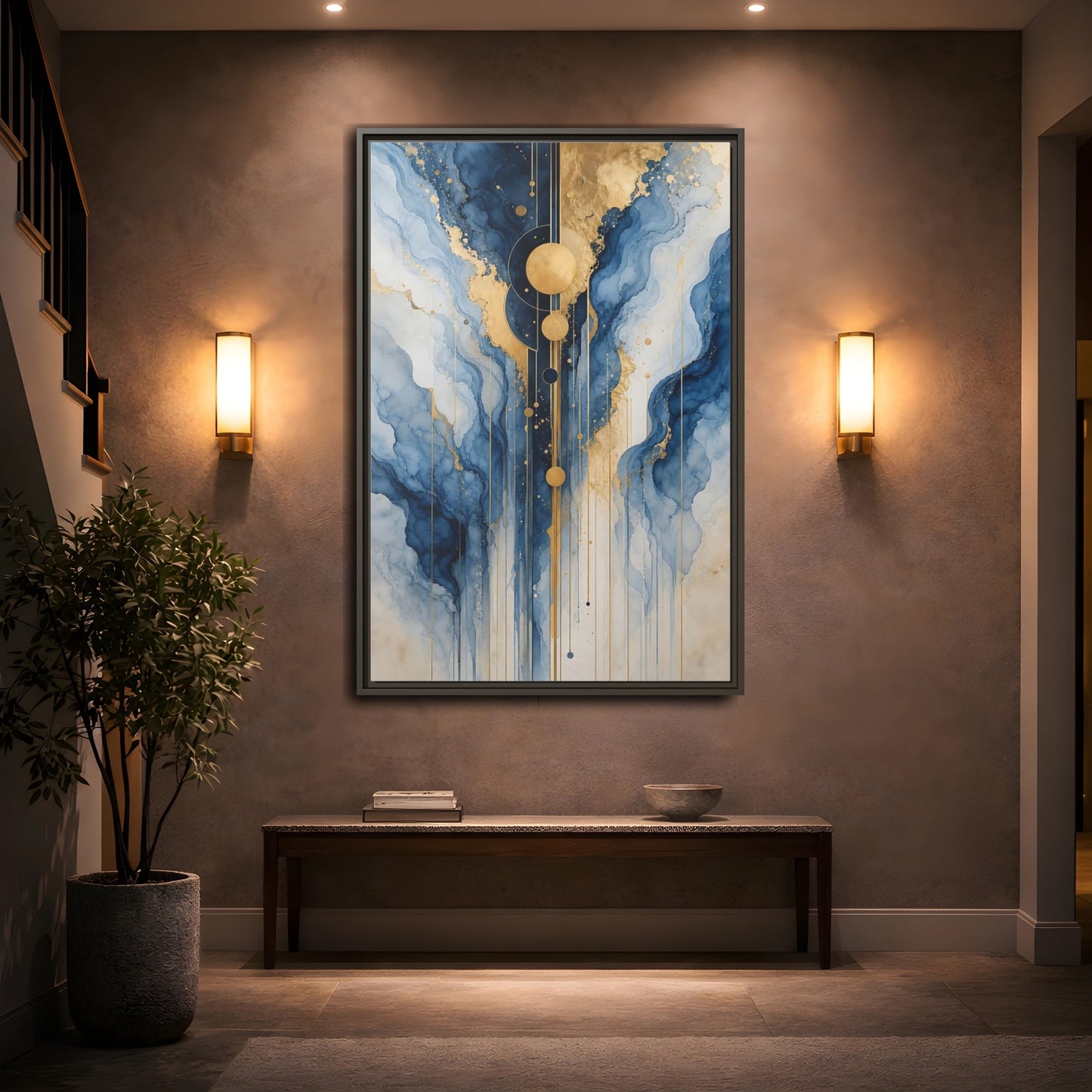 Mockup 2. Abstract Fluid Abstract Blue And Gold Abstract shown as stretched canvas wall art