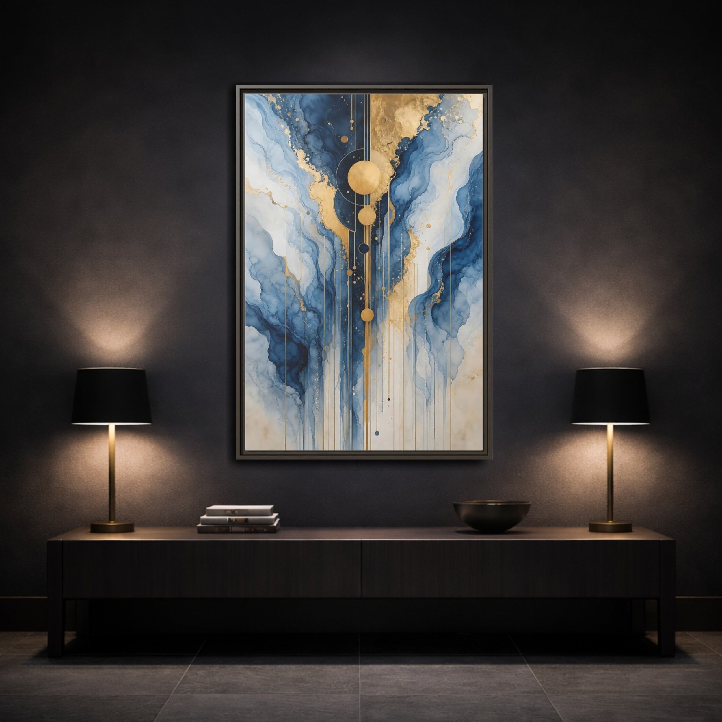 Mockup 3. Abstract Fluid Abstract Blue And Gold Abstract shown as stretched canvas wall art