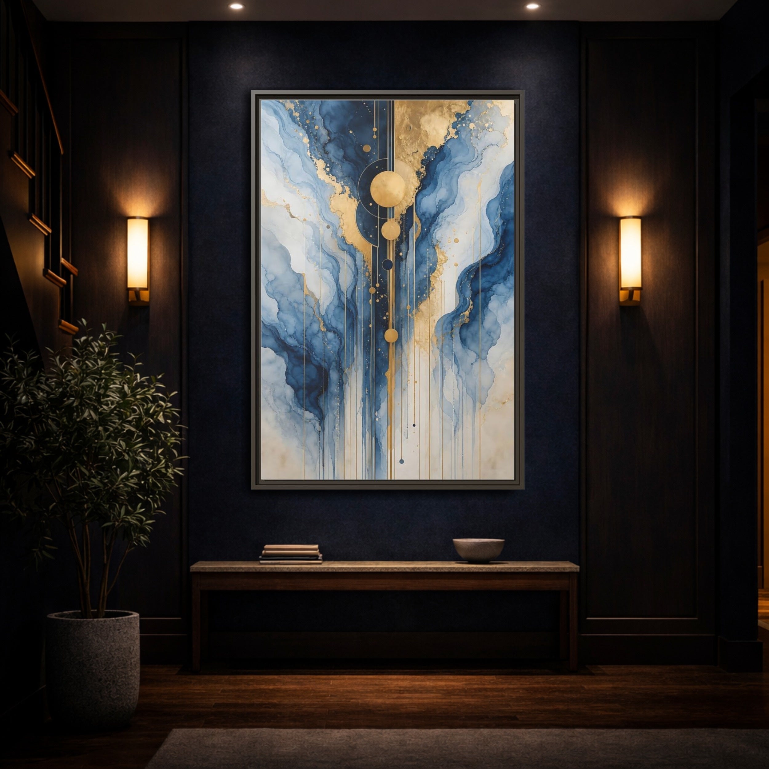 Mockup 4. Abstract Fluid Abstract Blue And Gold Abstract shown as stretched canvas wall art