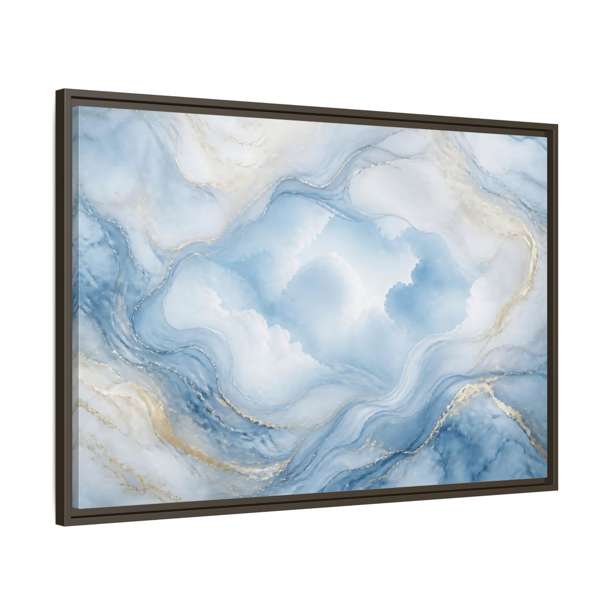 Main Mockup. Abstract Fluid Abstract Blue Gold Abstract shown as stretched canvas wall art