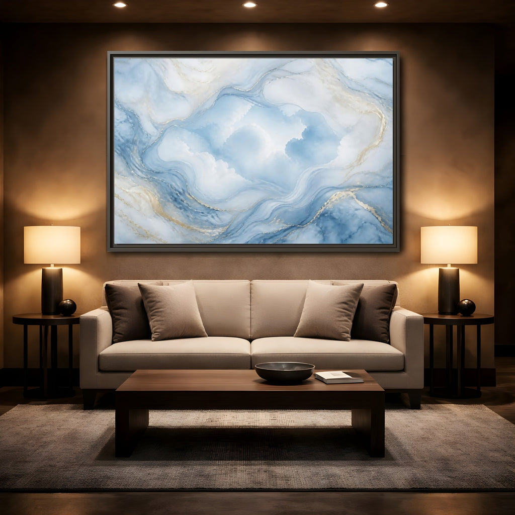 Mockup 2. Abstract Fluid Abstract Blue Gold Abstract shown as stretched canvas wall art