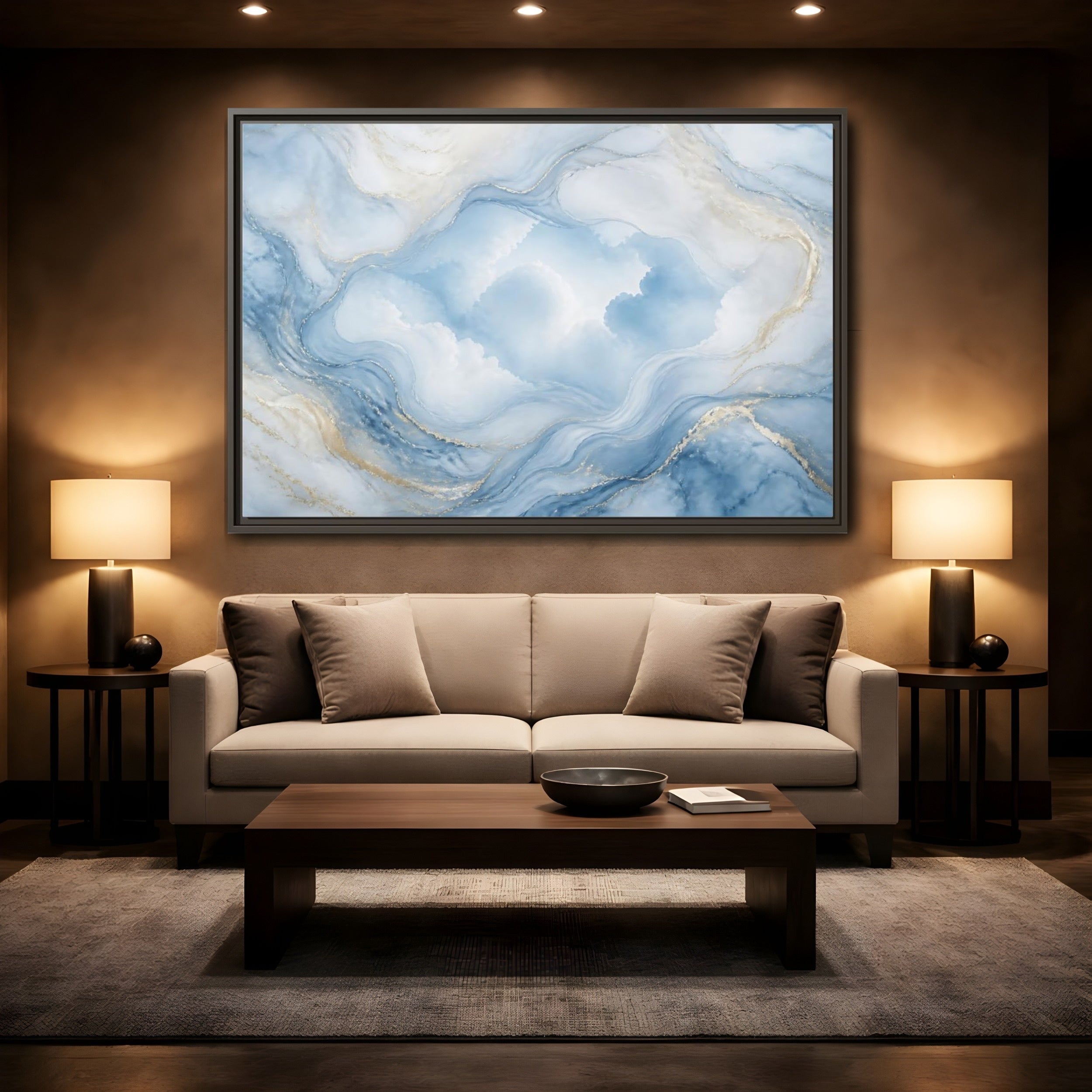Mockup 2. Abstract Fluid Abstract Blue Gold Abstract shown as stretched canvas wall art