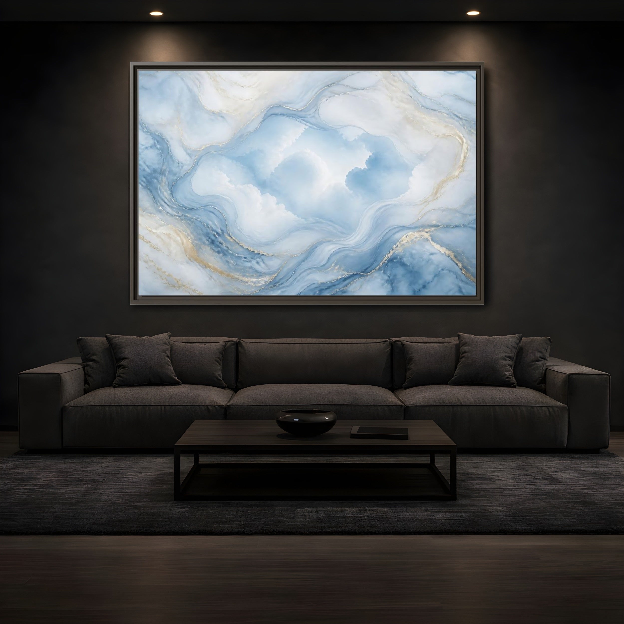 Mockup 3. Abstract Fluid Abstract Blue Gold Abstract shown as stretched canvas wall art