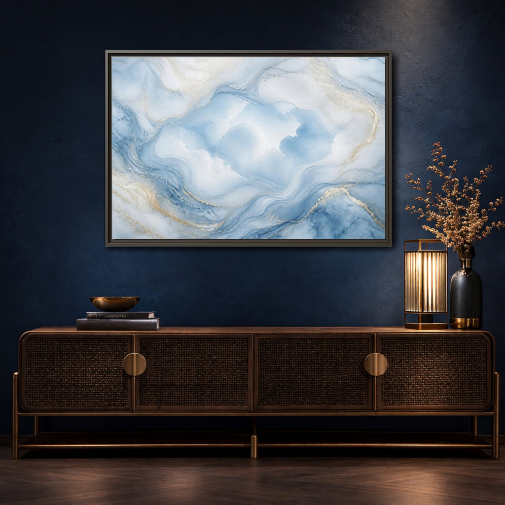 Mockup 4. Abstract Fluid Abstract Blue Gold Abstract shown as stretched canvas wall art