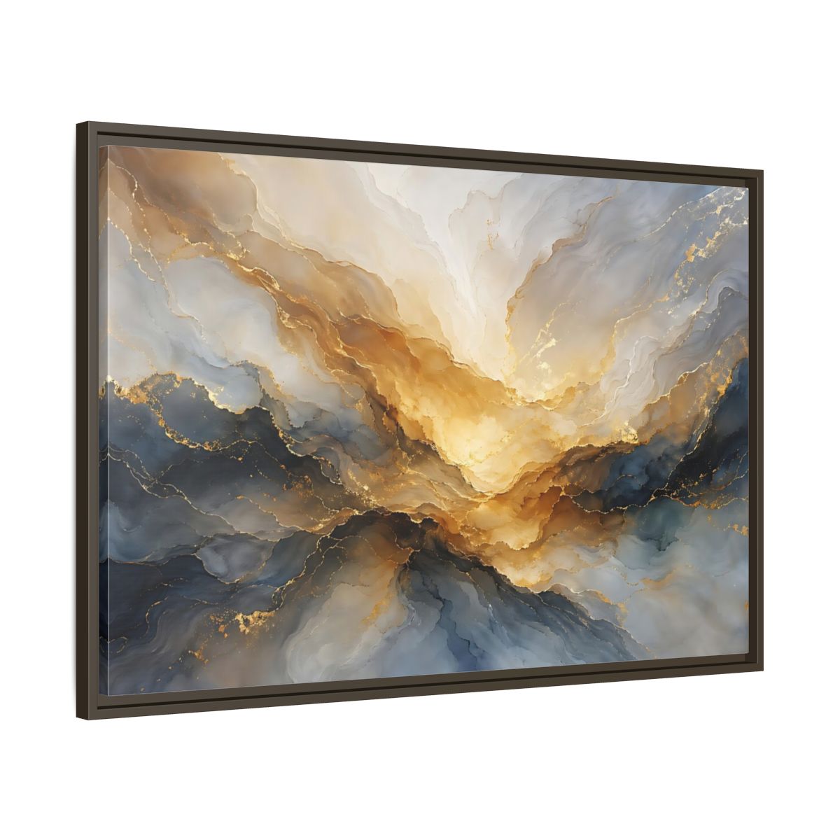 Main Mockup. Abstract Fluid Abstract Gold And Blue Abstract shown as stretched canvas wall art
