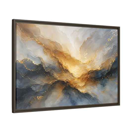 Main Mockup. Abstract Fluid Abstract Gold And Blue Abstract shown as stretched canvas wall art