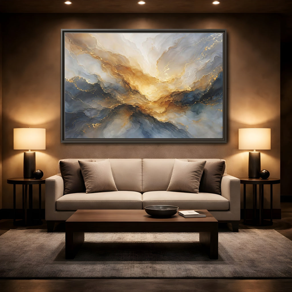 Mockup 2. Abstract Fluid Abstract Gold And Blue Abstract shown as stretched canvas wall art