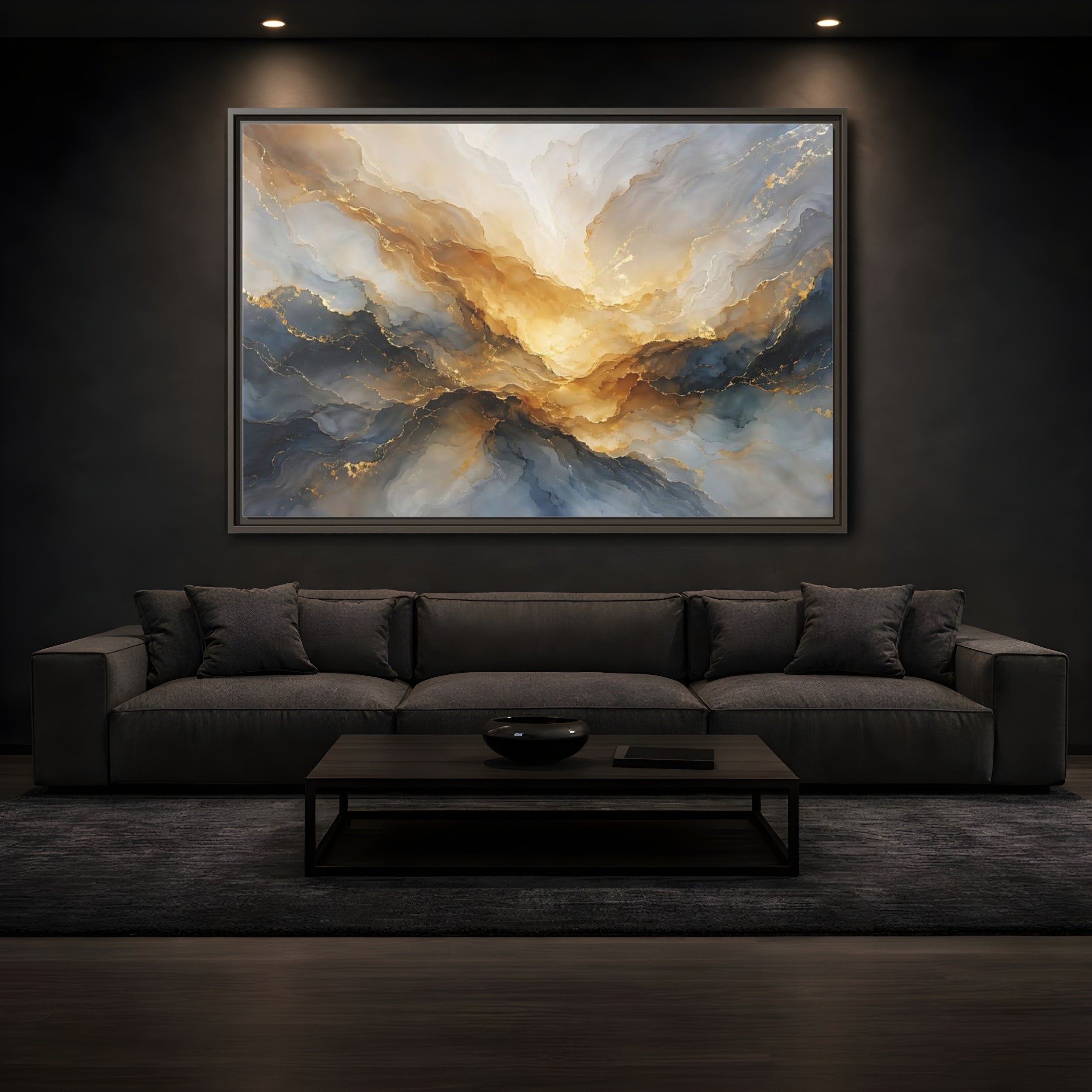 Mockup 3. Abstract Fluid Abstract Gold And Blue Abstract shown as stretched canvas wall art