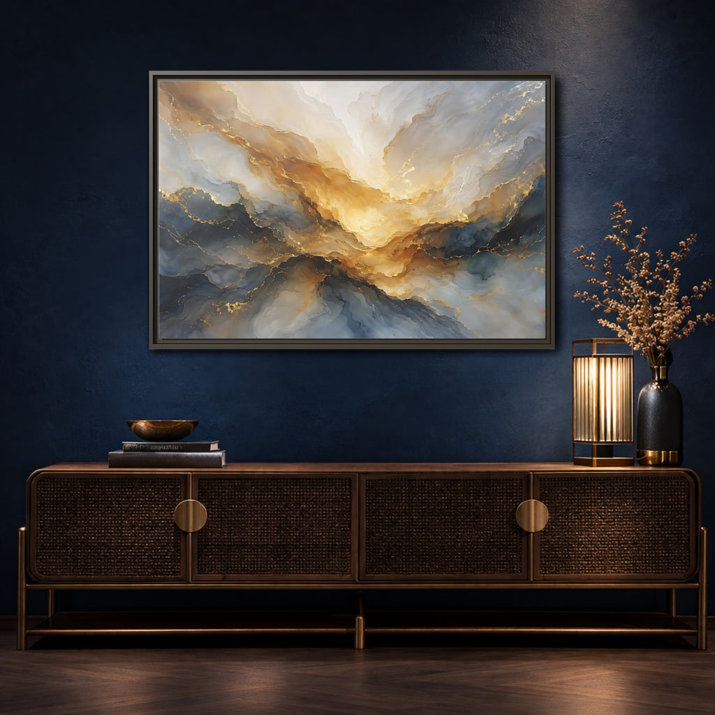 Mockup 4. Abstract Fluid Abstract Gold And Blue Abstract shown as stretched canvas wall art