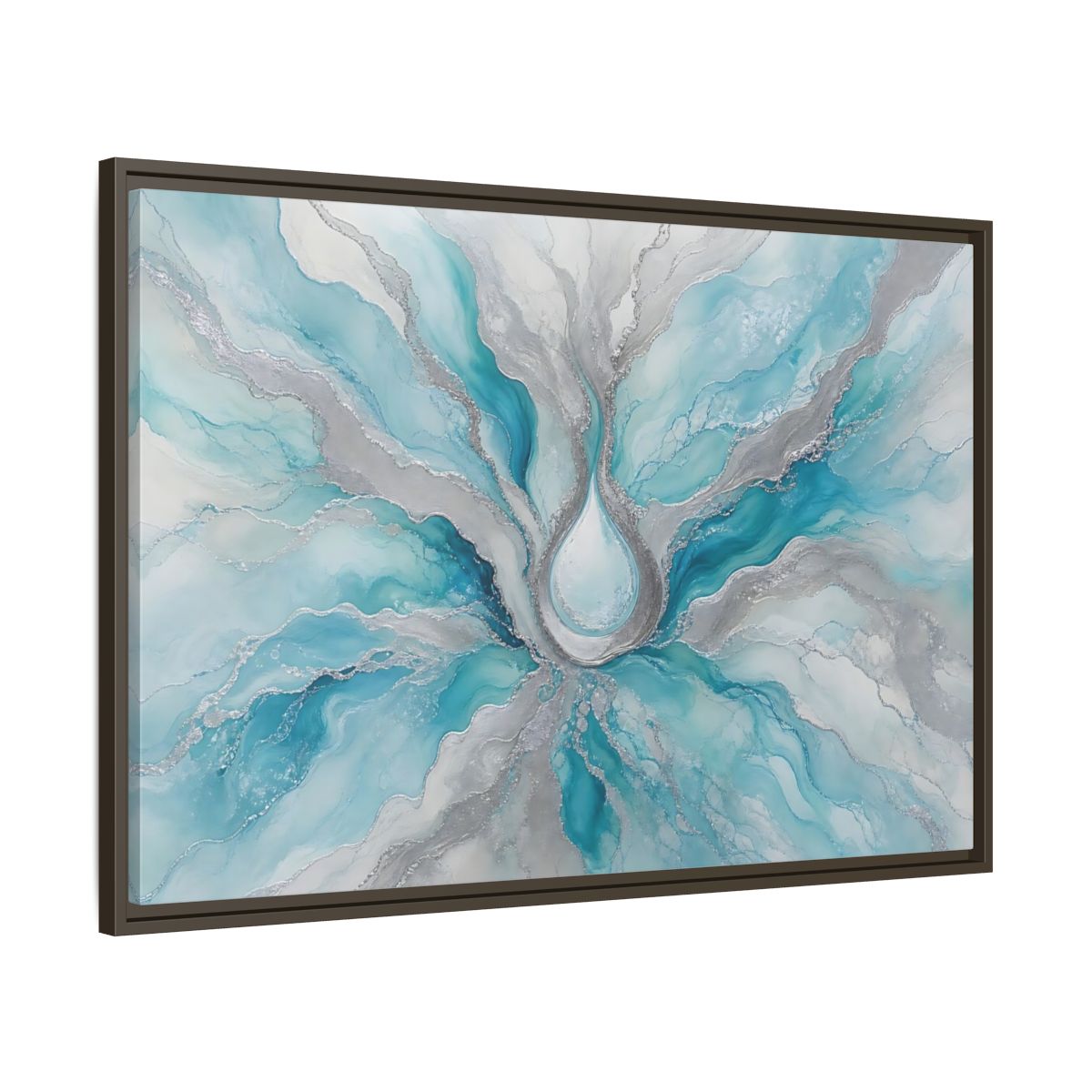 Main Mockup. Abstract Fluid Abstract Teal And Silver shown as stretched canvas wall art
