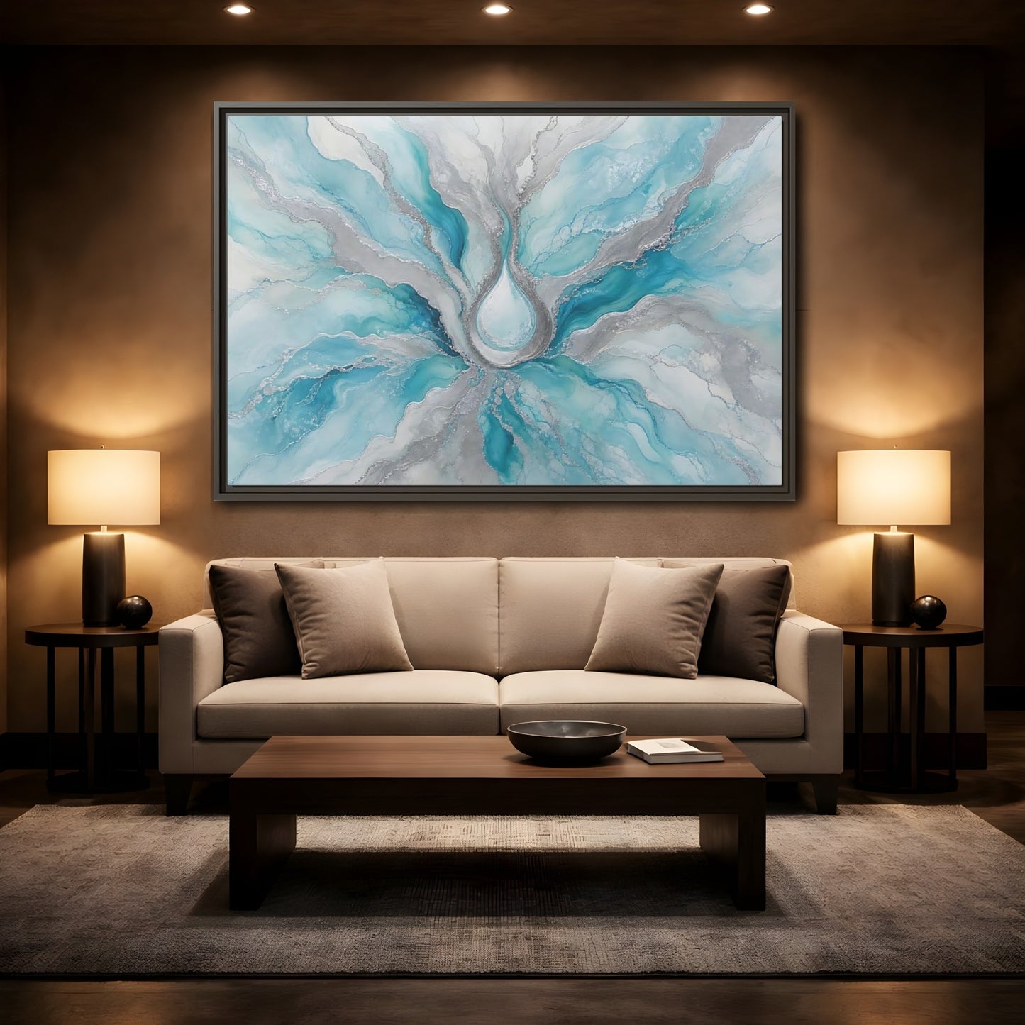 Mockup 2. Abstract Fluid Abstract Teal And Silver shown as stretched canvas wall art