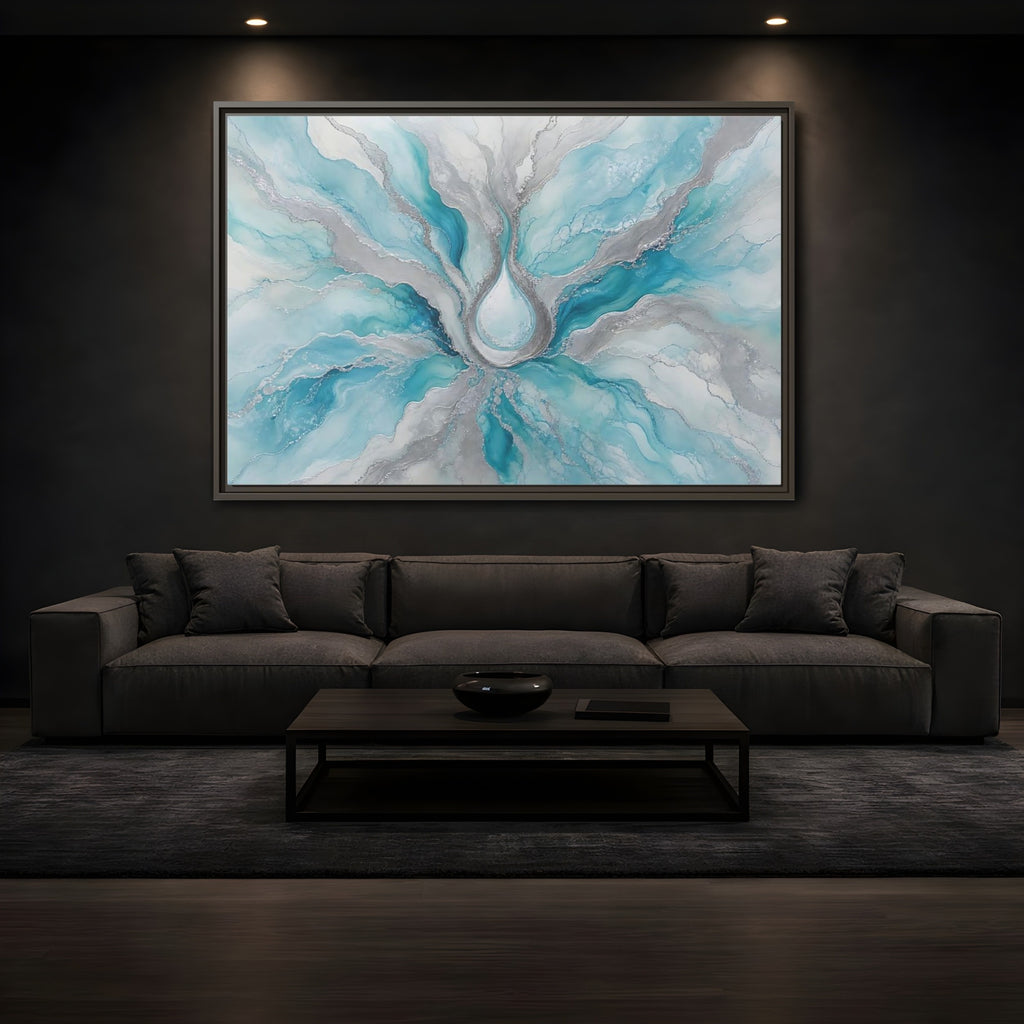 Mockup 3. Abstract Fluid Abstract Teal And Silver shown as stretched canvas wall art