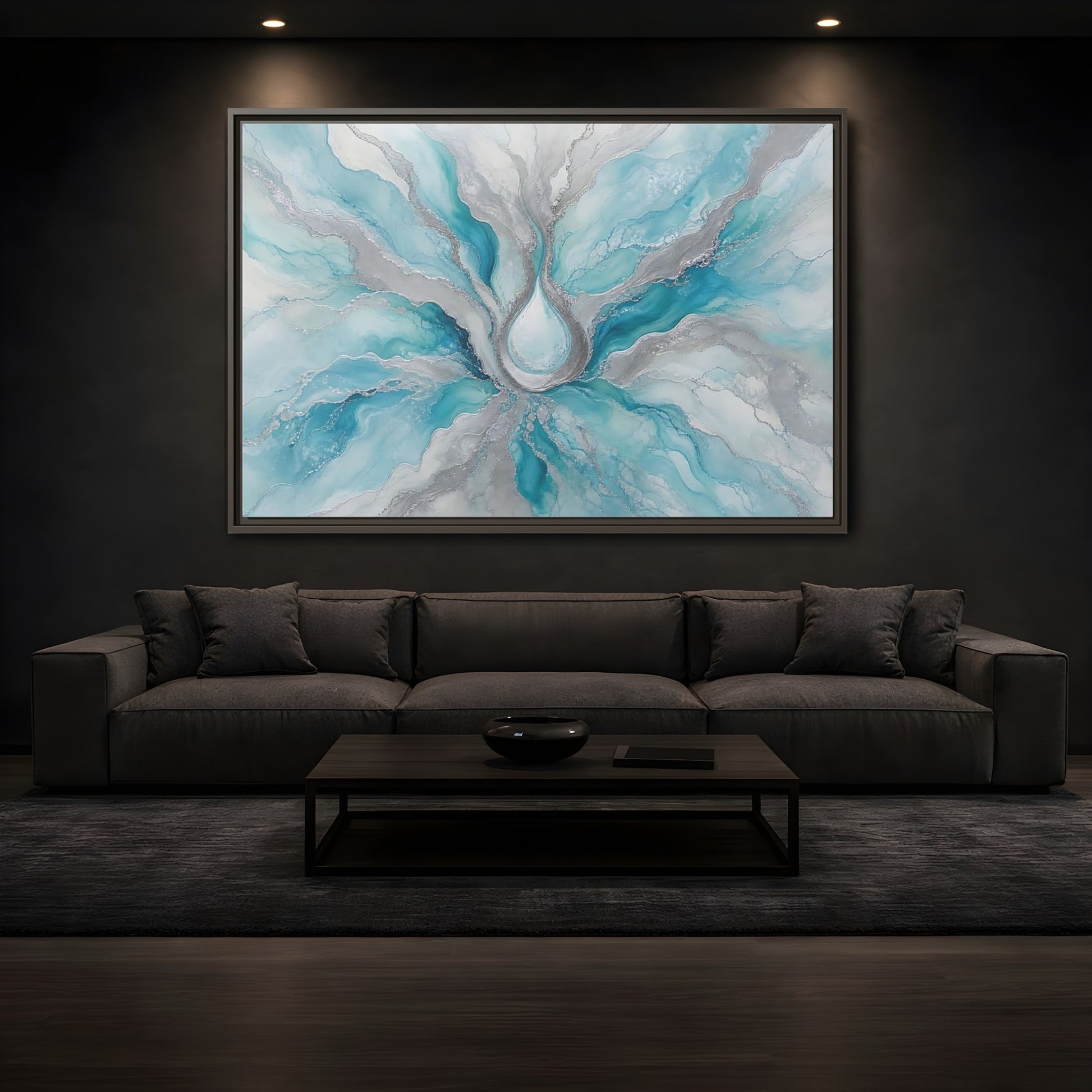 Mockup 3. Abstract Fluid Abstract Teal And Silver shown as stretched canvas wall art