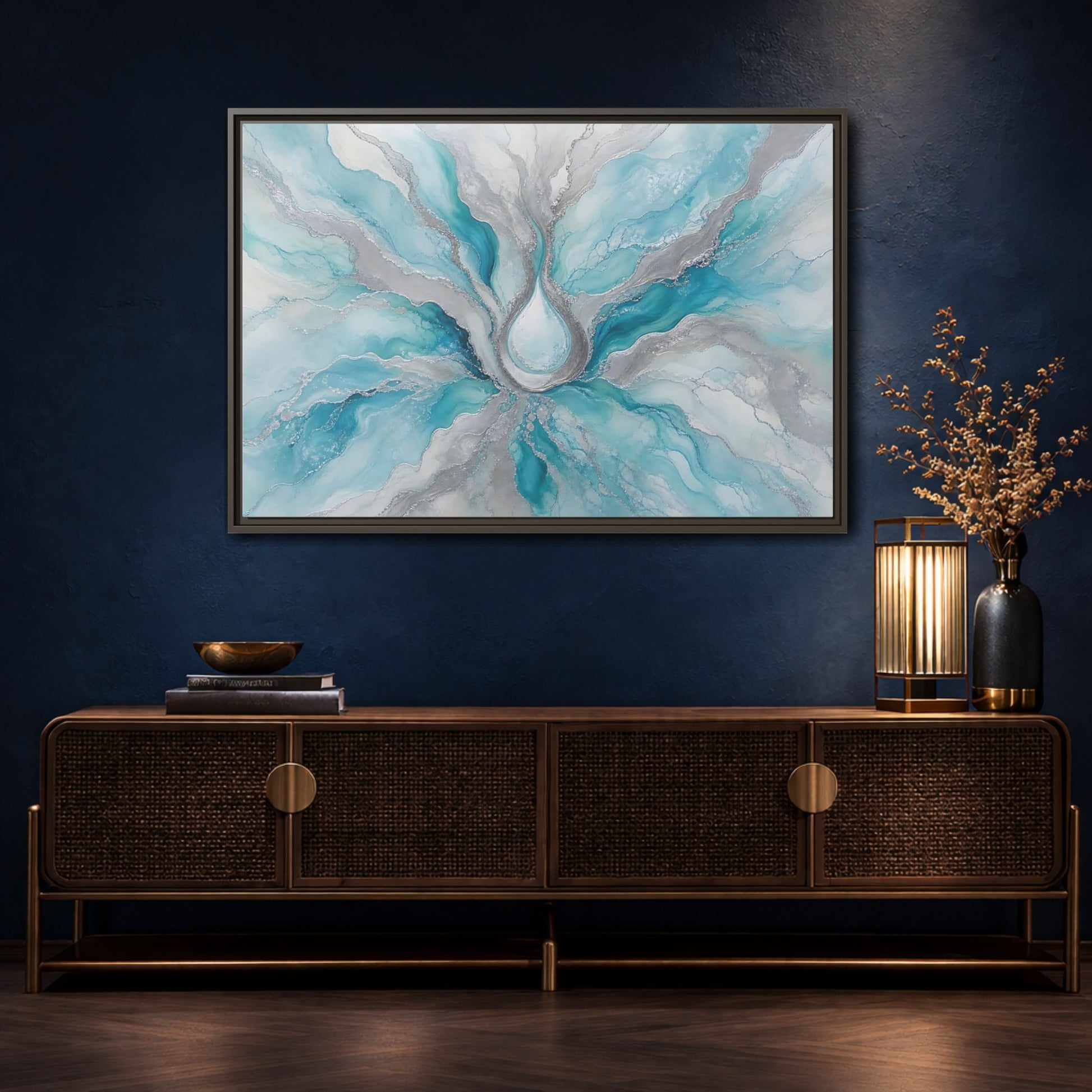 Mockup 4. Abstract Fluid Abstract Teal And Silver shown as stretched canvas wall art