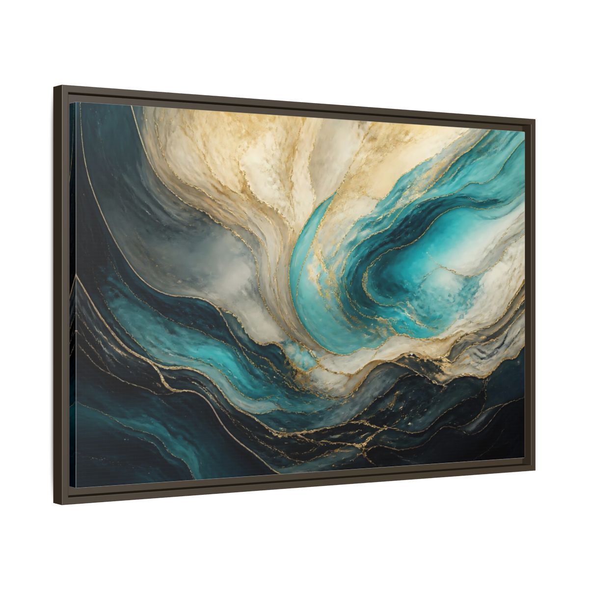Main Mockup. Abstract Fluid Abstract Teal Gold Abstract shown as stretched canvas wall art