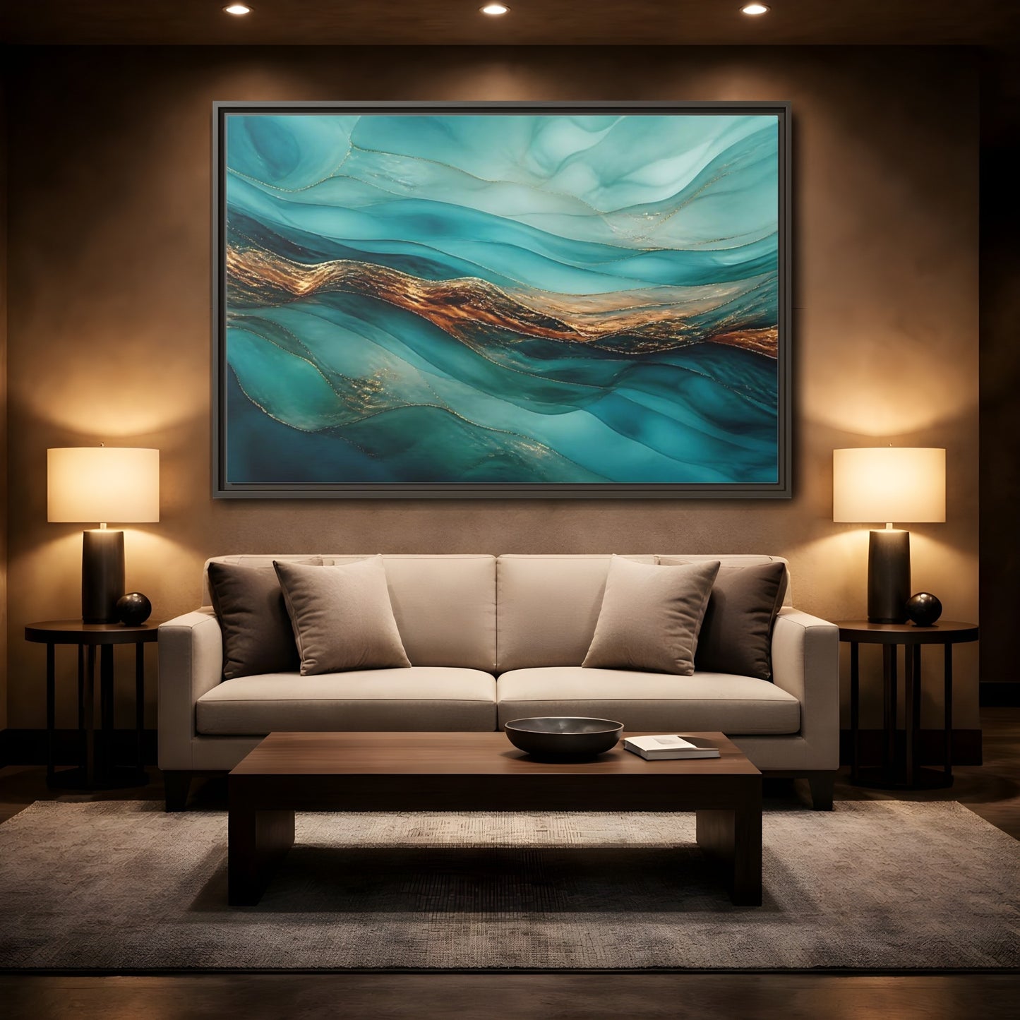 Mockup 2. Abstract Fluid Abstract Teal Gold Abstract shown as stretched canvas wall art