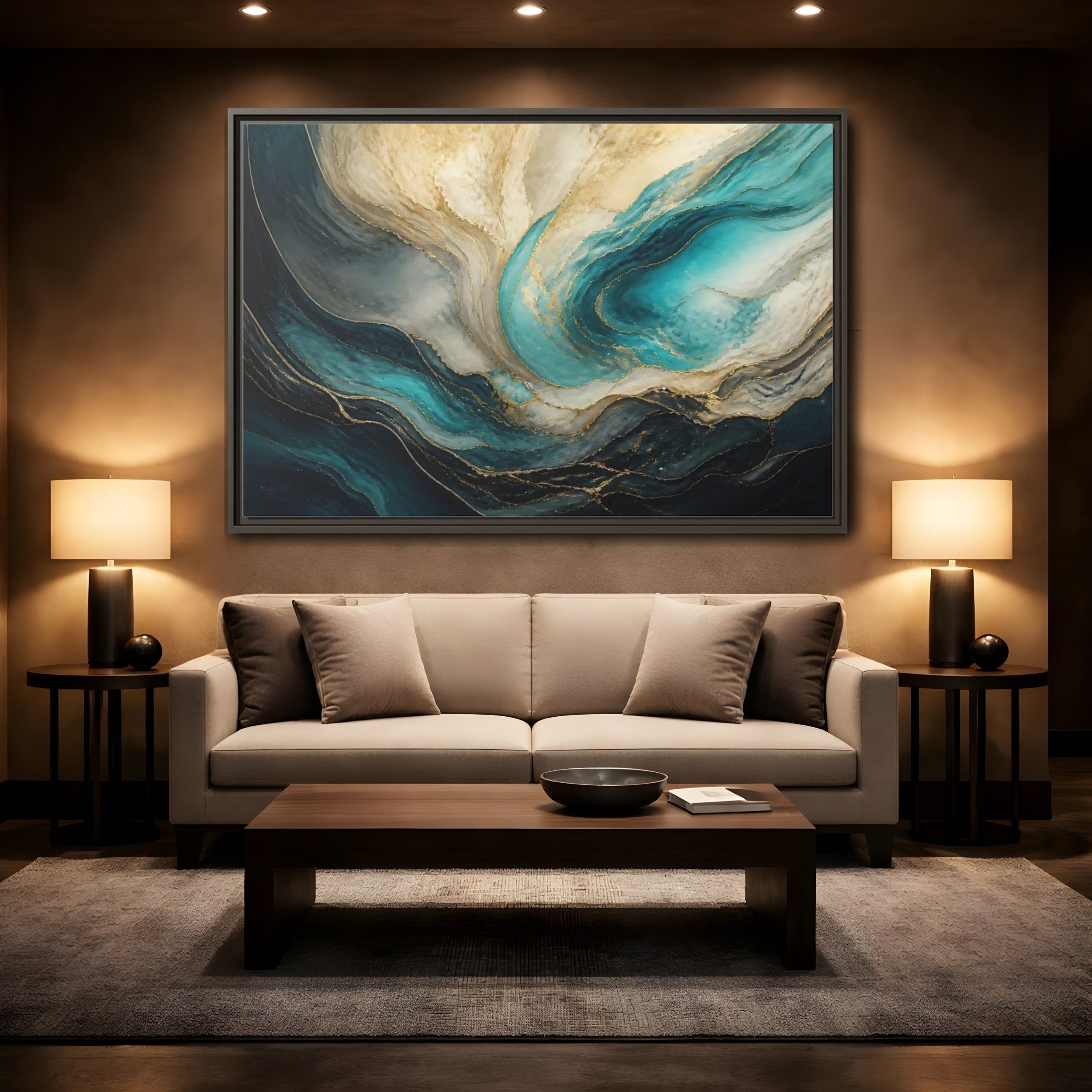 Mockup 2. Abstract Fluid Abstract Teal Gold Abstract shown as stretched canvas wall art