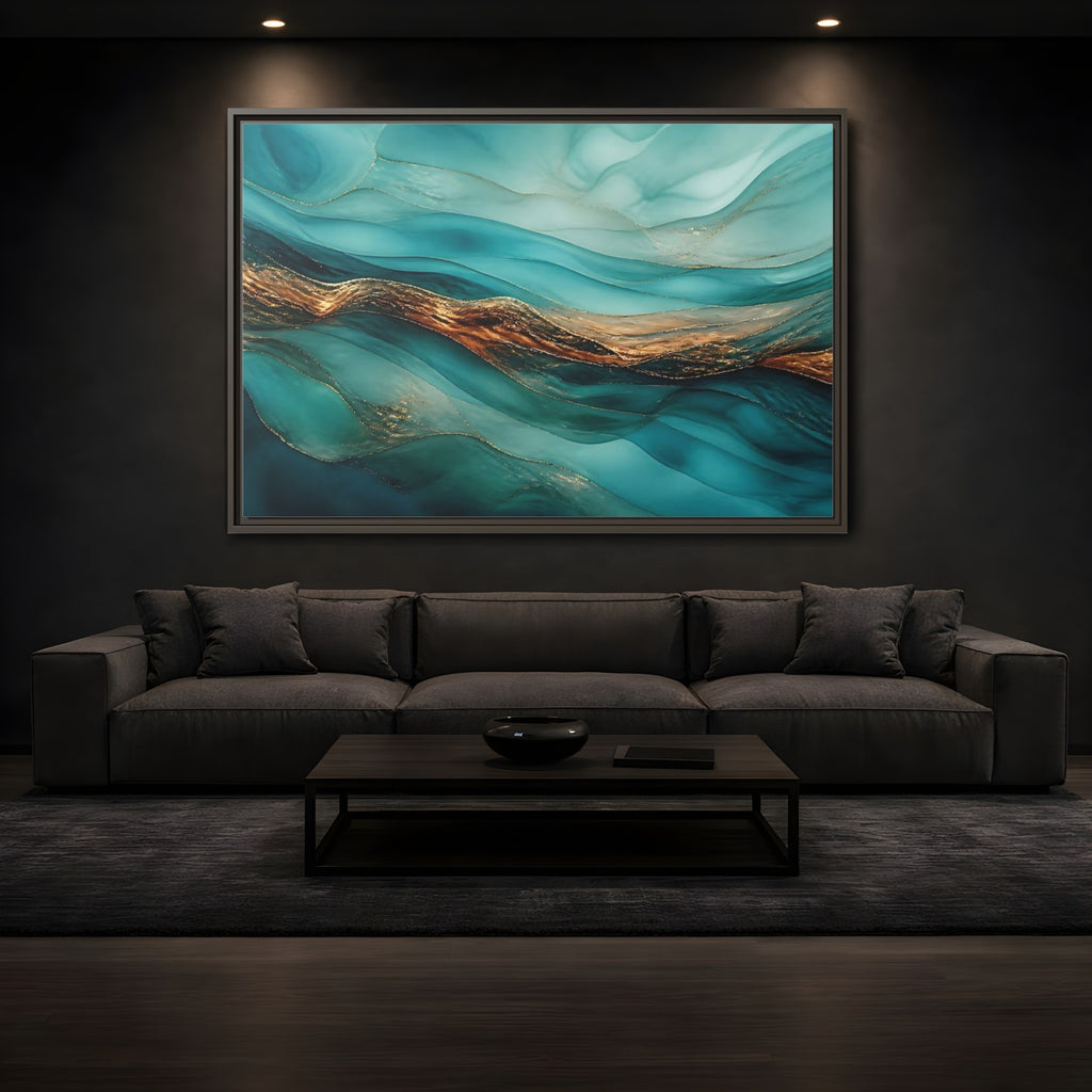 Mockup 3. Abstract Fluid Abstract Teal Gold Abstract shown as stretched canvas wall art