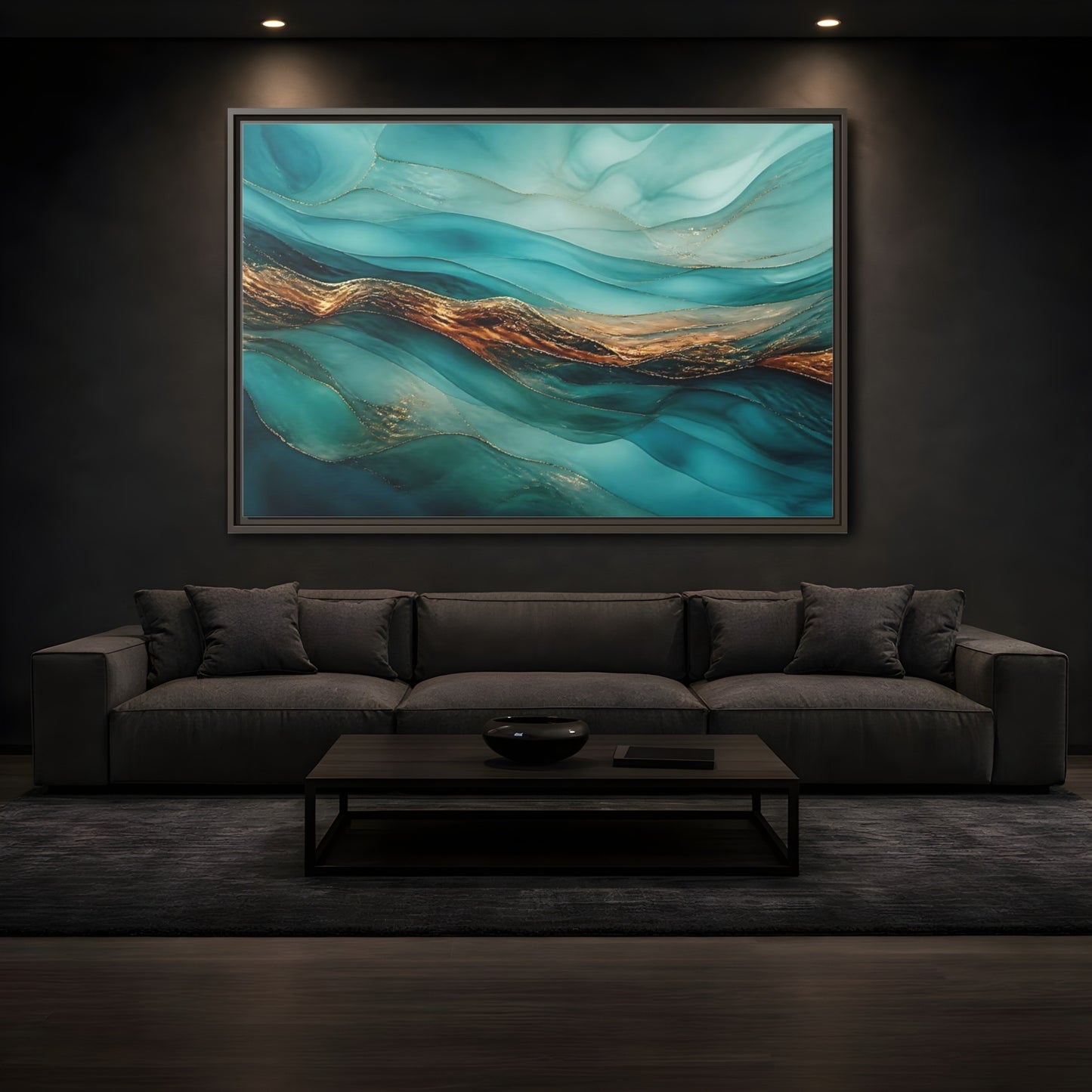 Mockup 3. Abstract Fluid Abstract Teal Gold Abstract shown as stretched canvas wall art