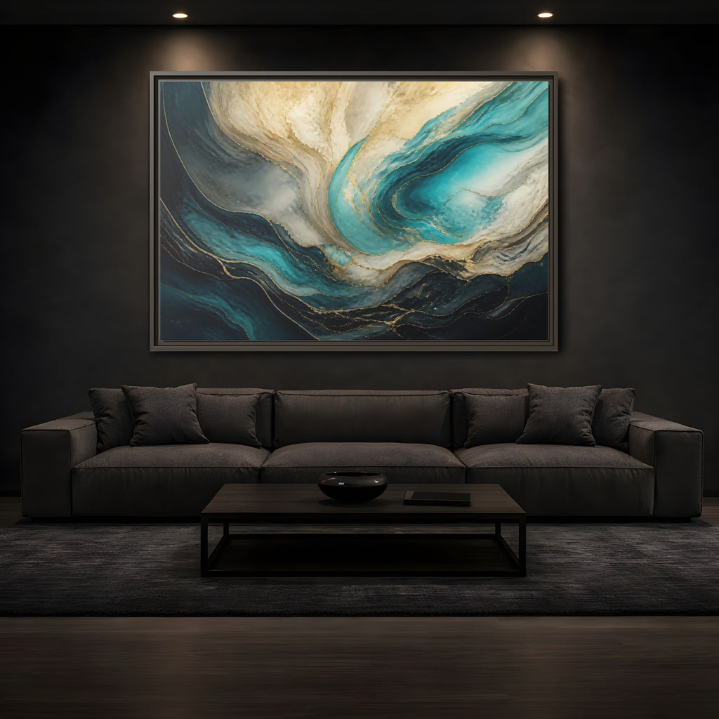 Mockup 3. Abstract Fluid Abstract Teal Gold Abstract shown as stretched canvas wall art