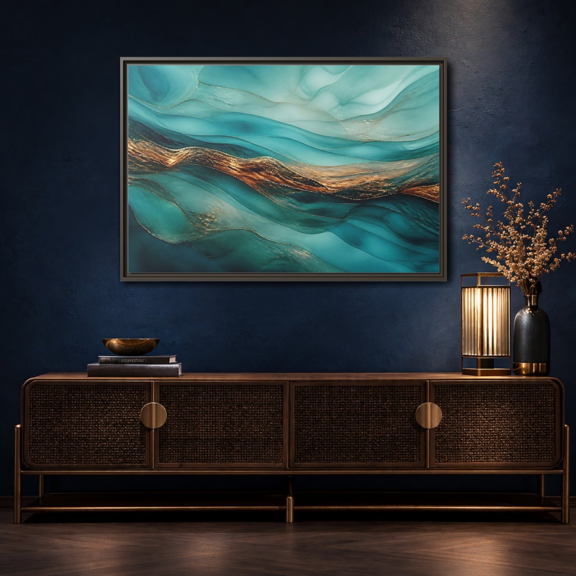 Mockup 4. Abstract Fluid Abstract Teal Gold Abstract shown as stretched canvas wall art