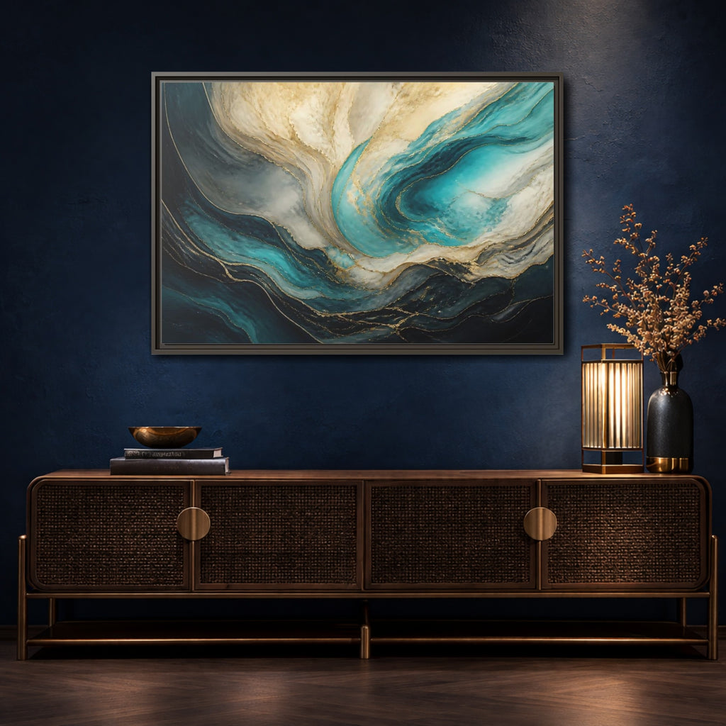 Mockup 4. Abstract Fluid Abstract Teal Gold Abstract shown as stretched canvas wall art
