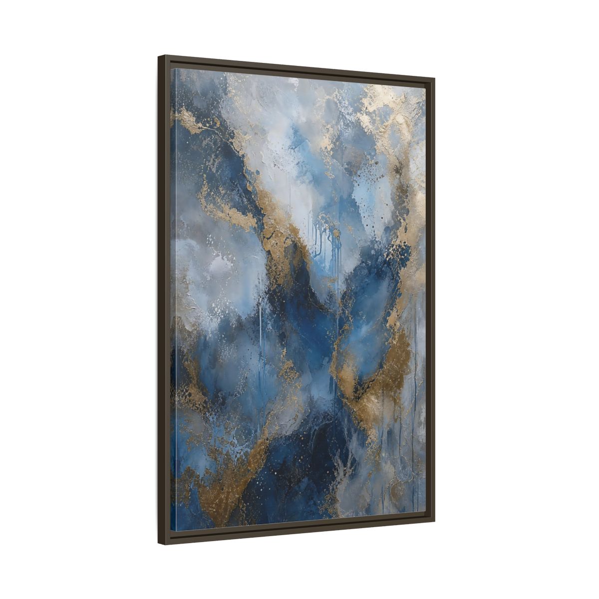 Main Mockup. Abstract Fluid Abstraction Blue And Gold shown as stretched canvas wall art