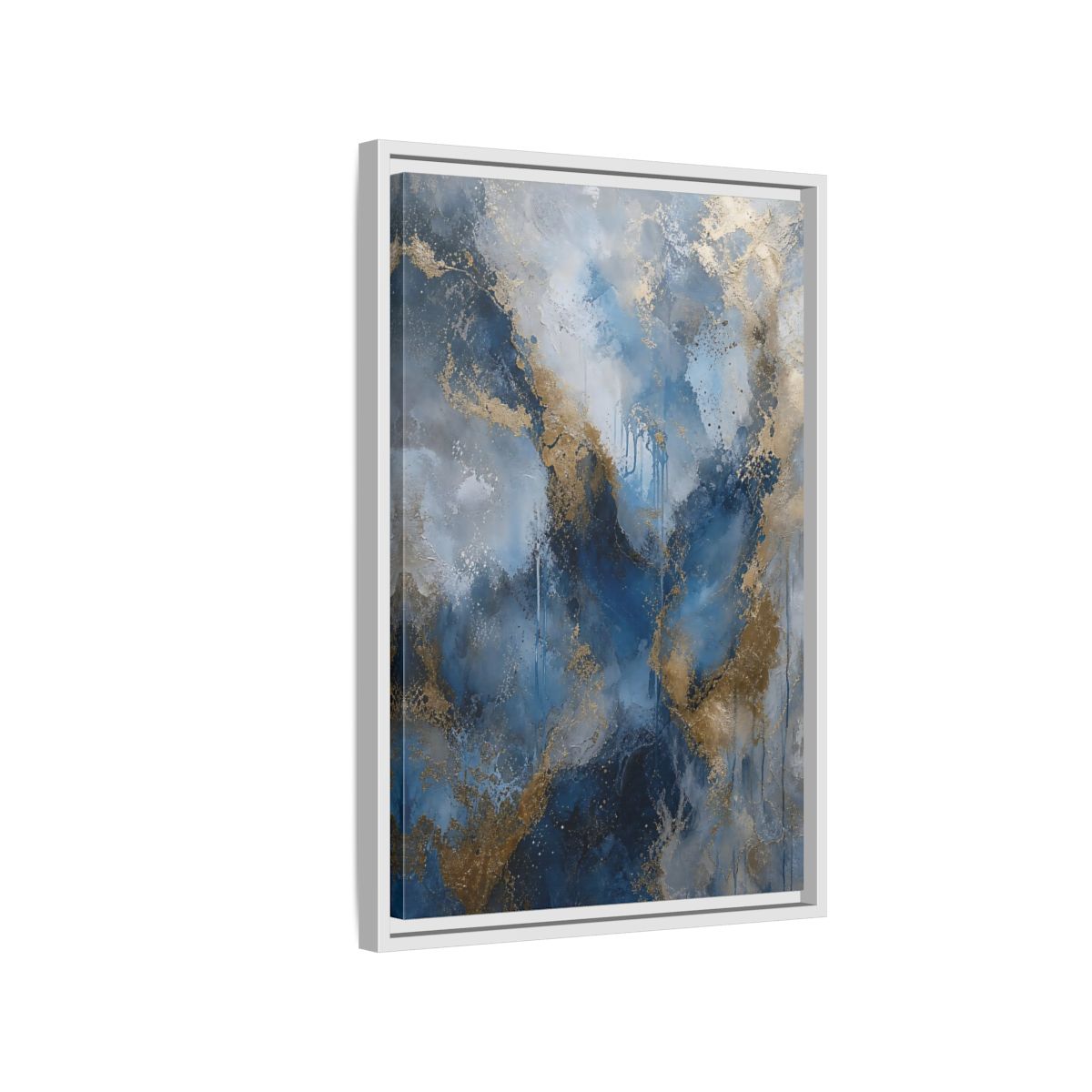 Side Mockup 1. Abstract Fluid Abstraction Blue And Gold shown as stretched canvas wall art