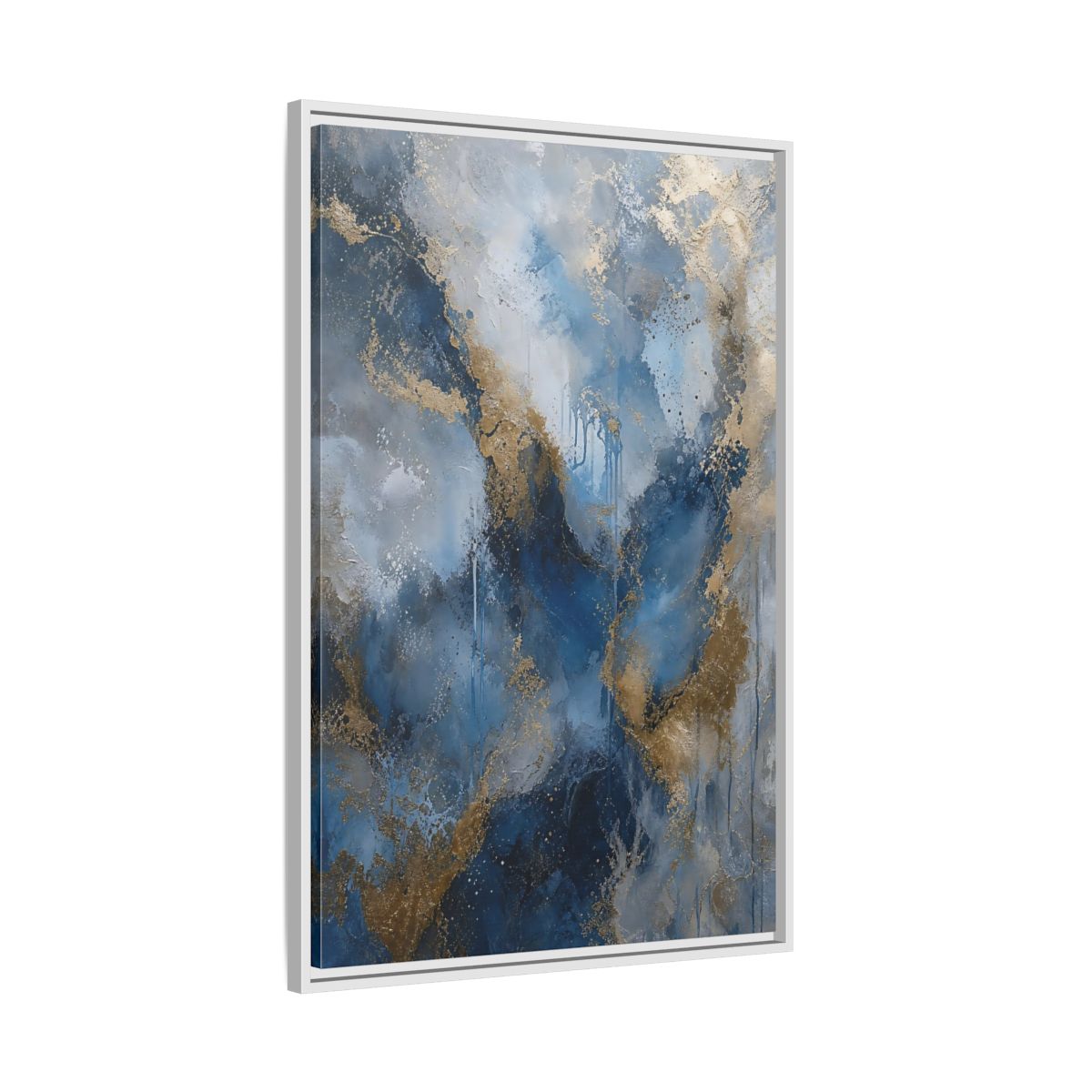Side Mockup 9. Abstract Fluid Abstraction Blue And Gold shown as stretched canvas wall art