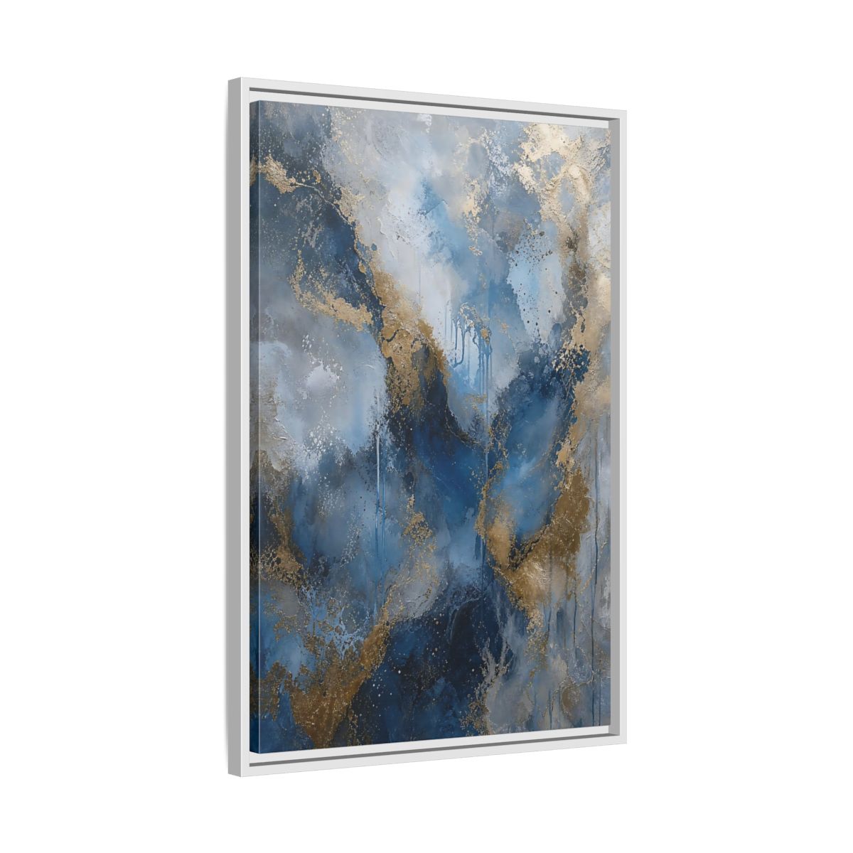 Side Mockup 10. Abstract Fluid Abstraction Blue And Gold shown as stretched canvas wall art