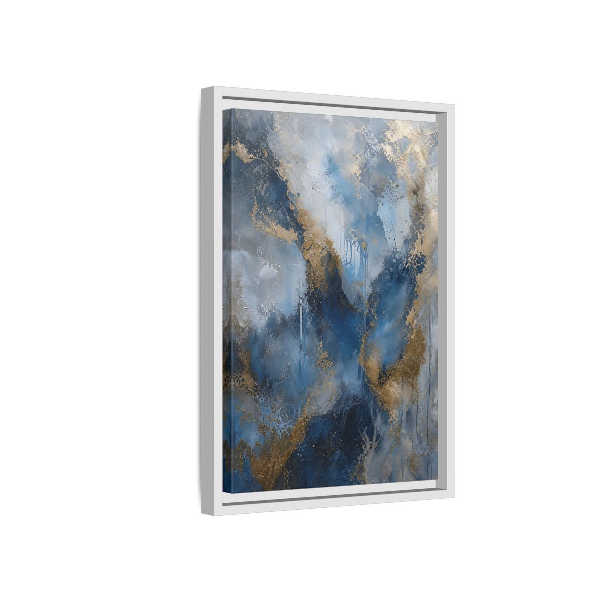 Side Mockup 4. Abstract Fluid Abstraction Blue And Gold shown as stretched canvas wall art