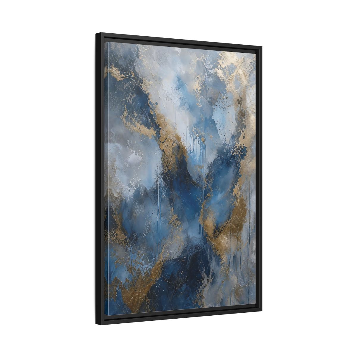 Side Mockup 14. Abstract Fluid Abstraction Blue And Gold shown as stretched canvas wall art
