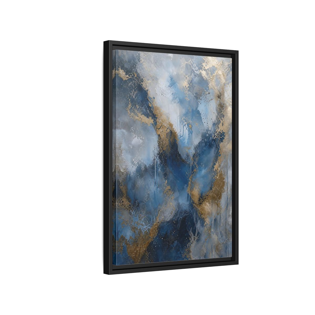 Side Mockup 3. Abstract Fluid Abstraction Blue And Gold shown as stretched canvas wall art
