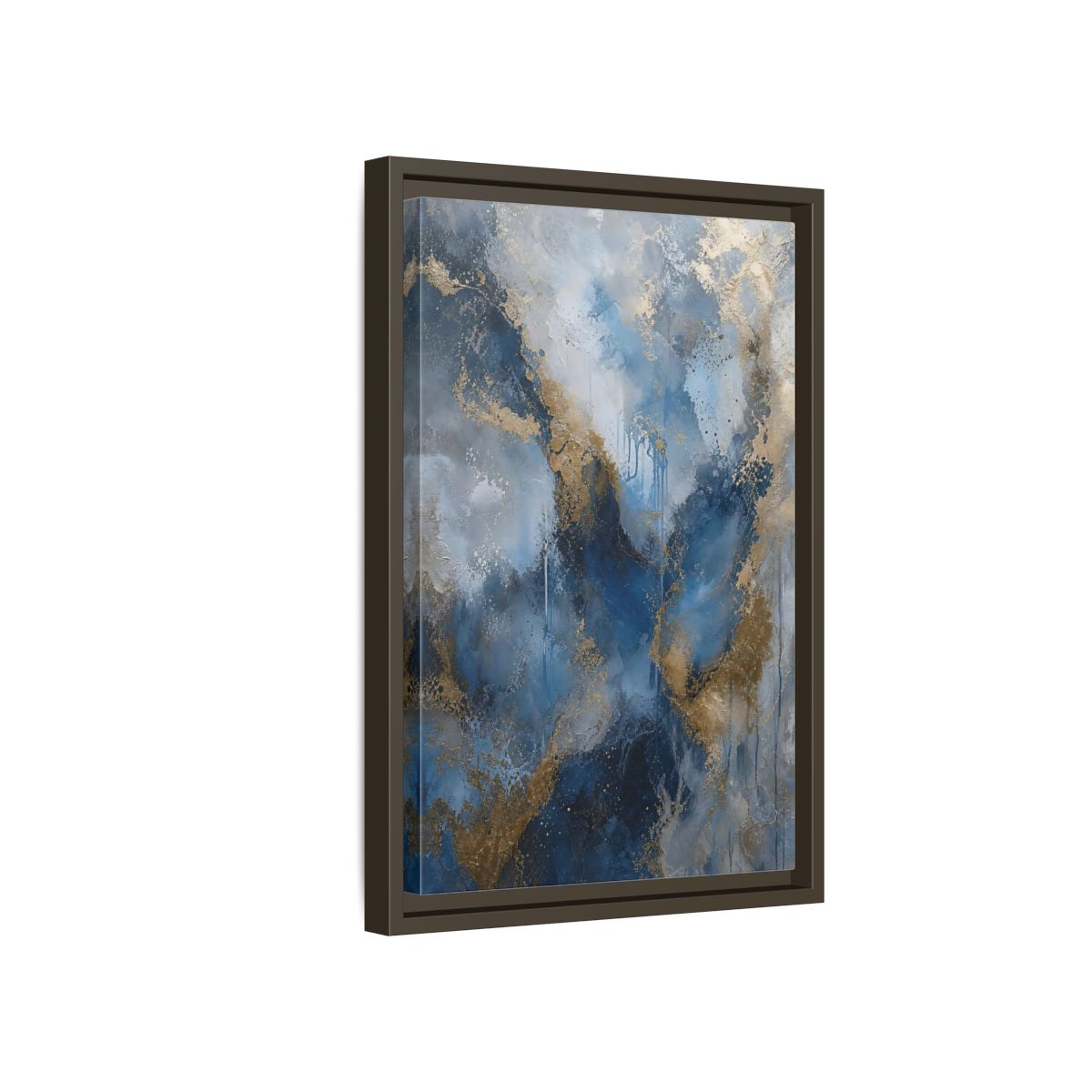 Side Mockup 5. Abstract Fluid Abstraction Blue And Gold shown as stretched canvas wall art