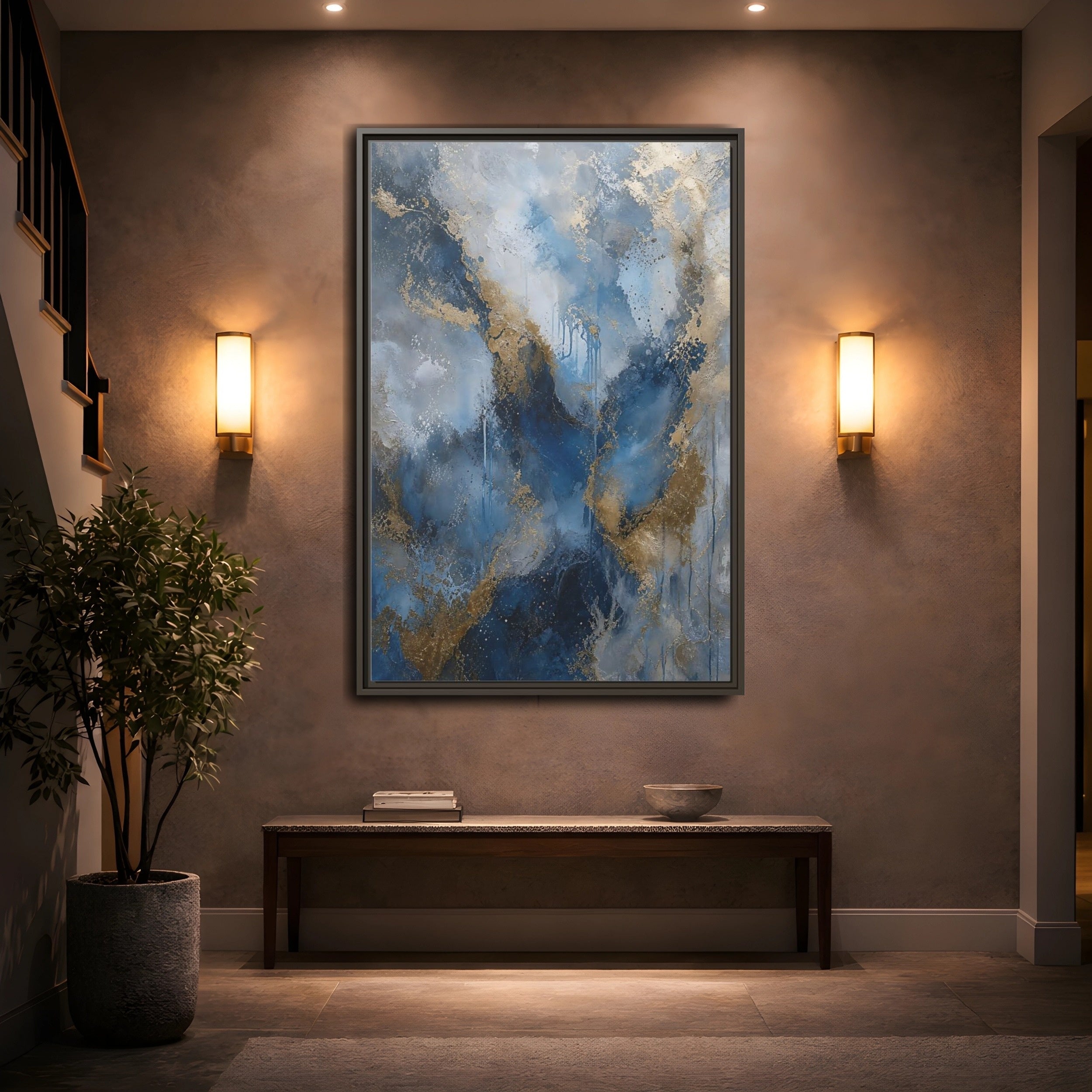 Mockup 2. Abstract Fluid Abstraction Blue And Gold shown as stretched canvas wall art