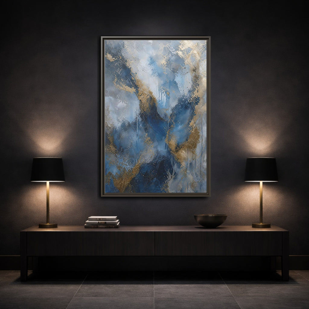Mockup 3. Abstract Fluid Abstraction Blue And Gold shown as stretched canvas wall art