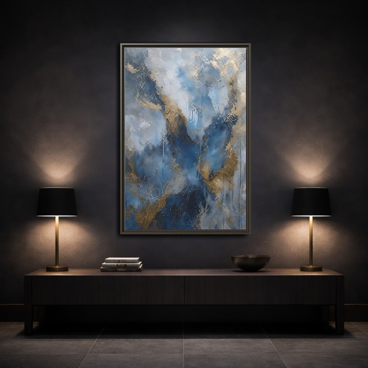 Mockup 3. Abstract Fluid Abstraction Blue And Gold shown as stretched canvas wall art
