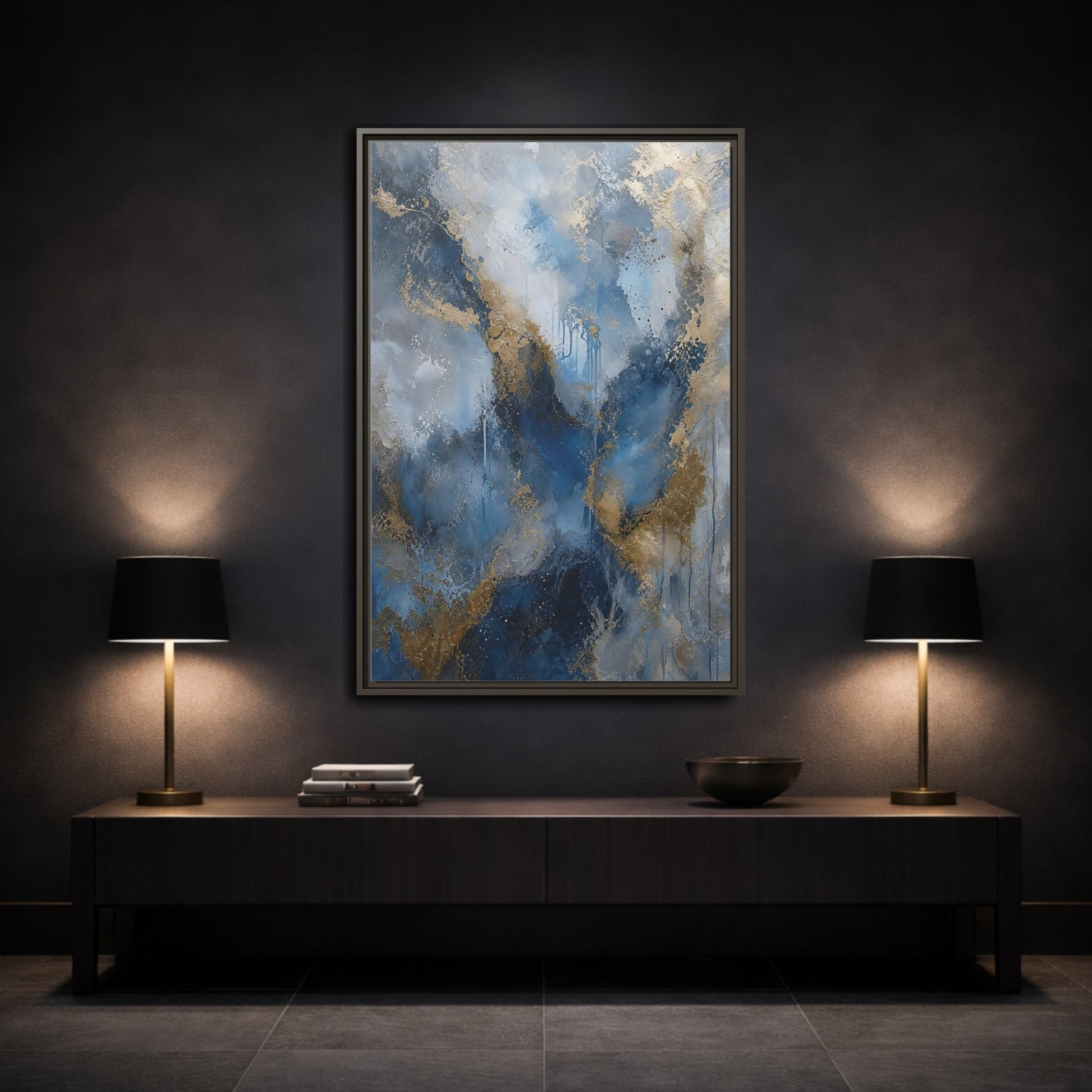 Mockup 3. Abstract Fluid Abstraction Blue And Gold shown as stretched canvas wall art
