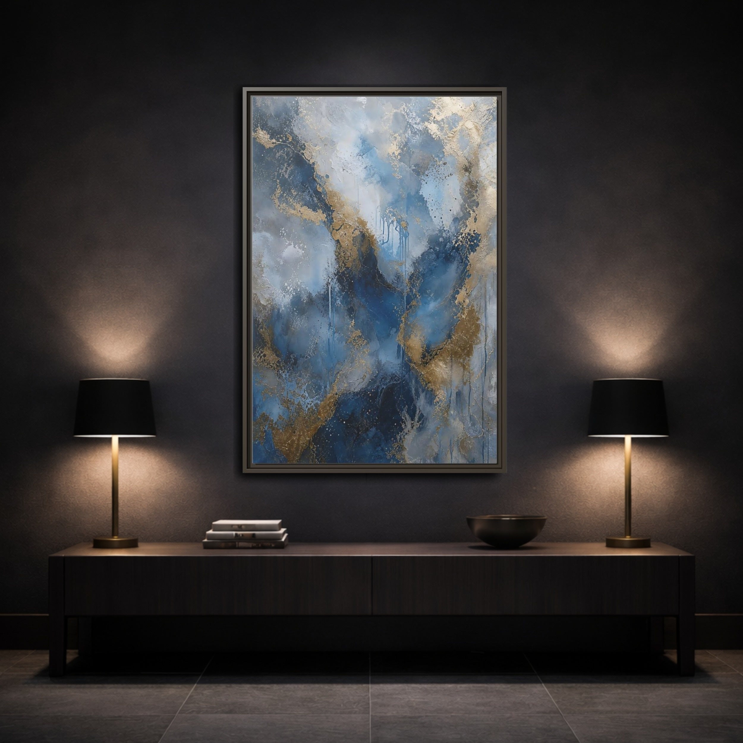 Mockup 3. Abstract Fluid Abstraction Blue And Gold shown as stretched canvas wall art