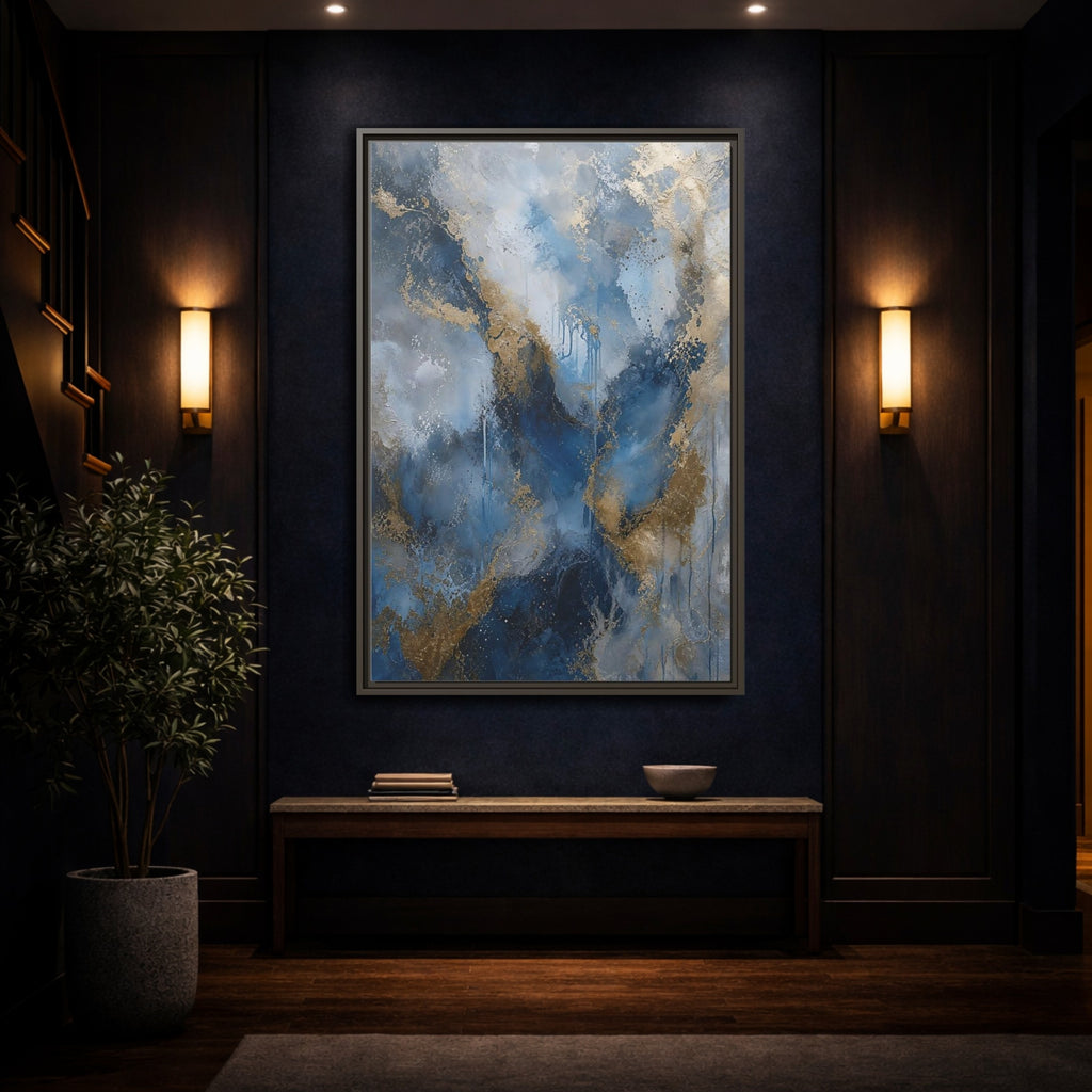 Mockup 4. Abstract Fluid Abstraction Blue And Gold shown as stretched canvas wall art