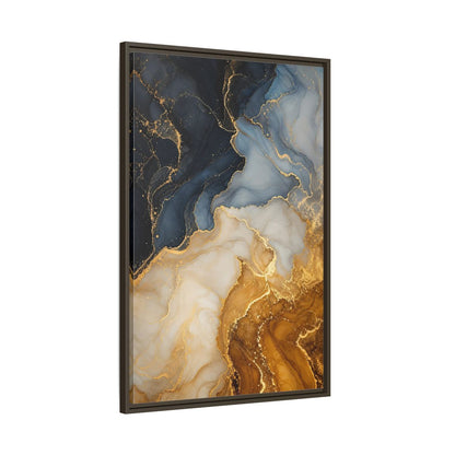 Main Mockup. Abstract Fluid Art Abstract Blue Gold shown as stretched canvas wall art