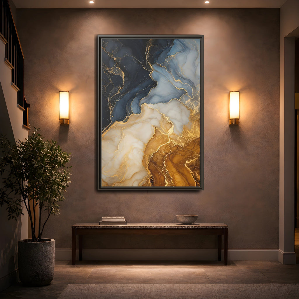 Mockup 2. Abstract Fluid Art Abstract Blue Gold shown as stretched canvas wall art