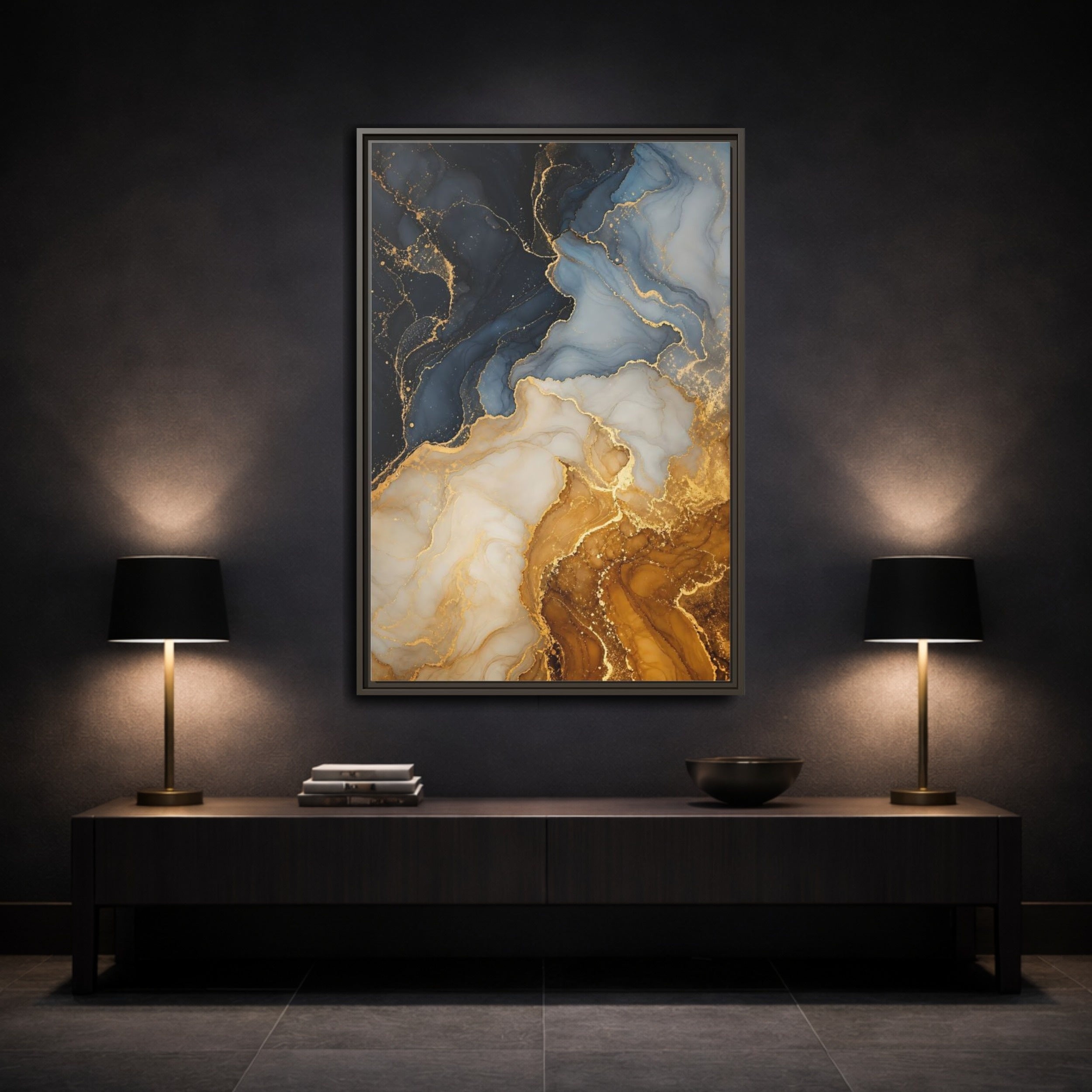 Mockup 3. Abstract Fluid Art Abstract Blue Gold shown as stretched canvas wall art