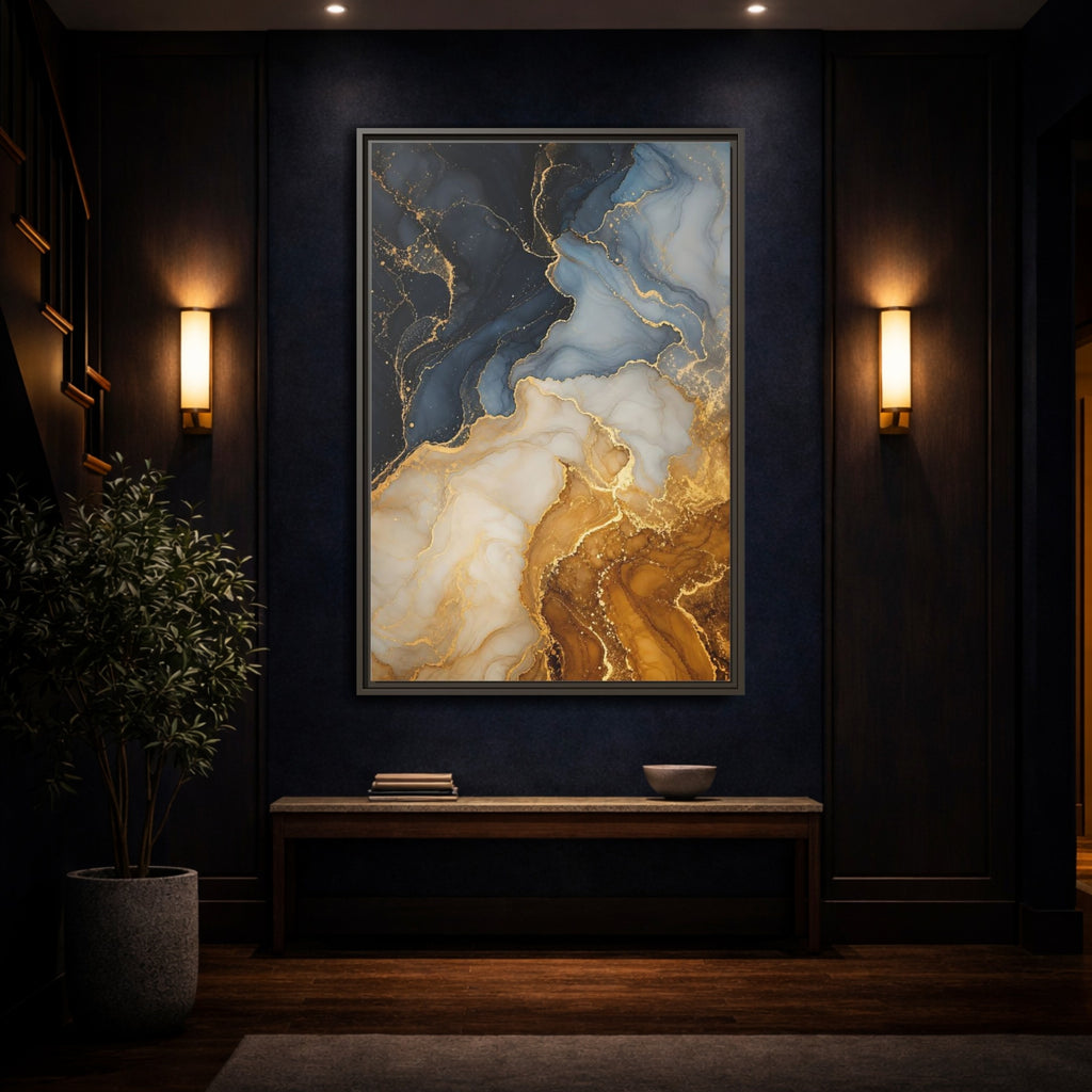 Mockup 4. Abstract Fluid Art Abstract Blue Gold shown as stretched canvas wall art
