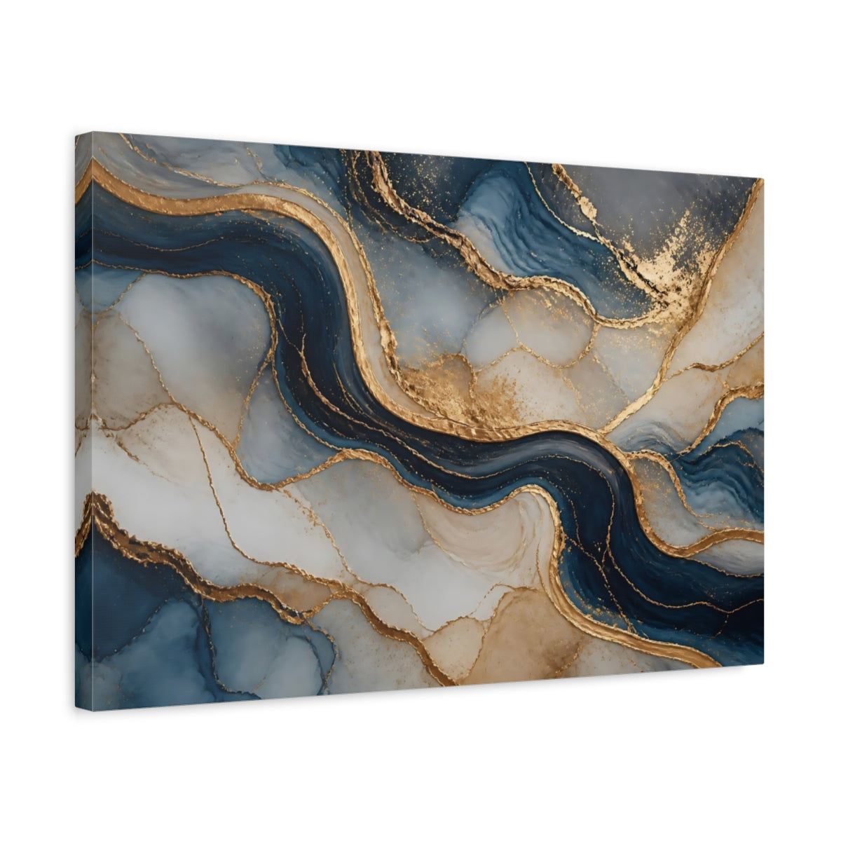 Side Mockup 3. Abstract Fluid Art Blue And Gold shown as stretched canvas wall art