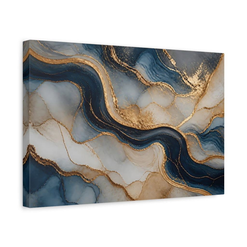 Side Mockup 4. Abstract Fluid Art Blue And Gold shown as stretched canvas wall art