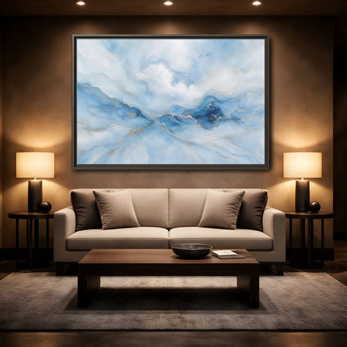Mockup 2. Abstract Fluid Art Blue And Gold Fluid Art shown as stretched canvas wall art