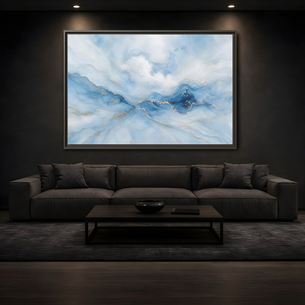 Mockup 3. Abstract Fluid Art Blue And Gold Fluid Art shown as stretched canvas wall art