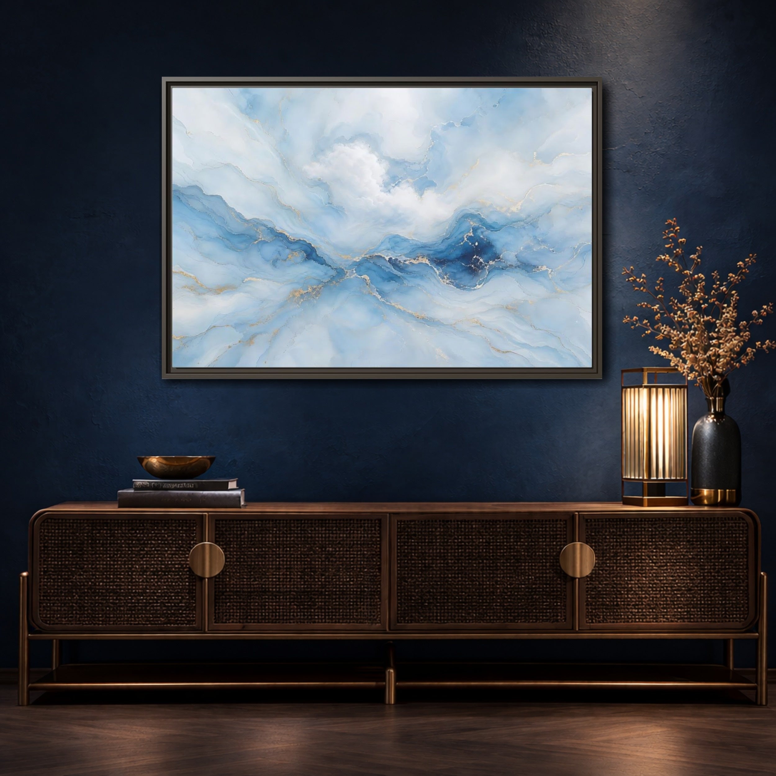 Mockup 4. Abstract Fluid Art Blue And Gold Fluid Art shown as stretched canvas wall art